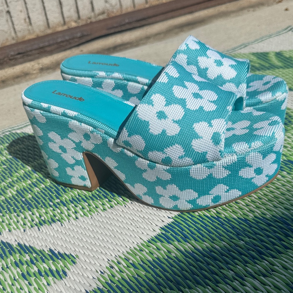 Larroude Turquoise Floral Platform Sandals
